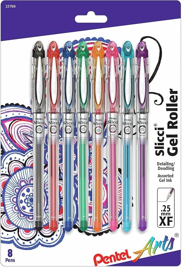 Pentel Arts Slicci 0.25 mm Extra Fine Gel Pen, Assorted Ink, 8 Pack (BG202BP8M - Image 1