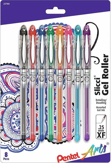 Pentel Arts Slicci 0.25 mm Extra Fine Gel Pen, Assorted Ink, 8 Pack (BG202BP8M - Image 1