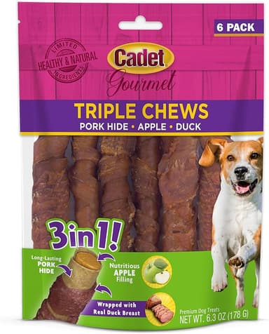 Cadet Gourmet Triple Chews Long-Lasting Pork Hide Sticks with Apple and Duck, Healthy Dog Treats for Small & Large Dogs, 6 Count - Image 1