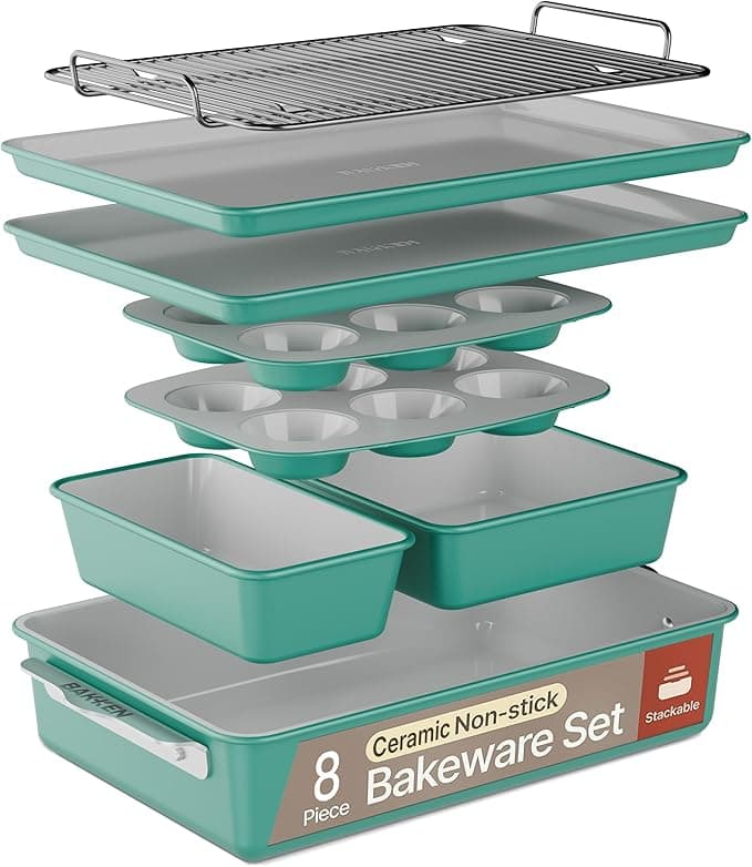 Bakken 8-Piece Stackable Bakeware Set - Ceramic Non-Stick Coating, Baking Sheets, Assorted Baking Pans, PTFE, PFOA & PFOS Free - Healthy Baking, Ergonomic Handles, Cooling Rack, Non-Toxic, Oven-Safe - Image 1
