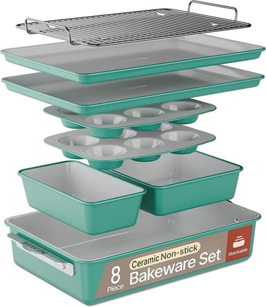 Bakken 8-Piece Stackable Bakeware Set - Ceramic Non-Stick Coating, Baking Sheets, Assorted Baking Pans, PTFE, PFOA & PFOS Free - Healthy Baking, Ergonomic Handles, Cooling Rack, Non-Toxic, Oven-Safe - Image 1