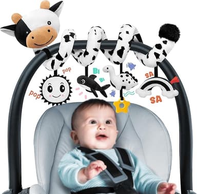 Spiral Car Seat Baby Toys 0-6 Months, Infant Carseat High Contrast Sensory Toys Hanging Stroller Accessories, Newborn Shower Gifts for Baby Boys Essentials Stuff, Cute Black and White Cow - Image 1