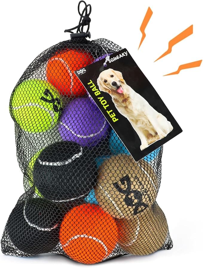 Squeaky Tennis Balls for Dogs - 12 Pack 2.5'' Durable Non-Toxic Outdoor Dog Toys Balls with Mesh Bag, SGS Certified, Colorful Fetch Toys, Medium Large Breeds - Image 1
