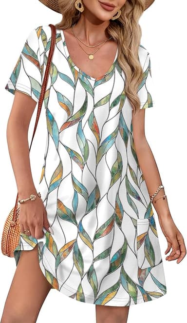 OFEEFAN Summer Dresses for Women 2025 Loose V Neck Short Sleeve Casual T Shirt Dress Sundresses Swimsuit Coverup with Pockets - Image 1
