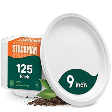 Stack Man 100% Compostable Paper Plates 9 Inch Heavy-Duty [125-Pack] Eco-Friendly White Bagasse Disposable Plates Made of Natural Sugarcane Fibers - 9" Biodegradable Plate (BPI-Certified) (PFAS-Free - Image 1