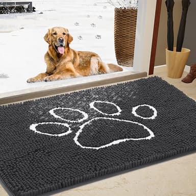 Dog Door Mat for Muddy Paws, Pet Rug Chenille Absorbent Outdoor Doormat 36"x 24", Non Slip Heavy Indoor Doormat Soft Front Inside Doormats for Entryway, Mud Paws, Patio,Dog Paw Dark Grey - Image 1