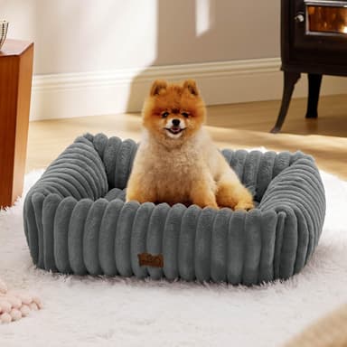 Bedsure Cute Dog Bed for Small Medium Dogs - Washable Furry Puppy Beds, Rectangle Orthopedic Corduroy Fleece Pet Beds with Removable Zipper Cover, 25x21x7inches, Warm Grey - Image 2
