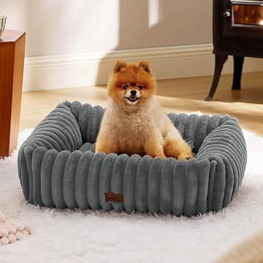 Bedsure Cute Dog Bed for Small Medium Dogs - Washable Furry Puppy Beds, Rectangle Orthopedic Corduroy Fleece Pet Beds with Removable Zipper Cover, 25x21x7inches, Warm Grey - Image 1