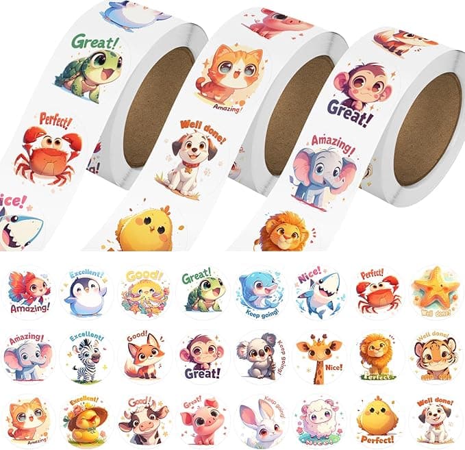 3 Rolls Animal Stickers for Kids, 1500 PCS Kids Stickers Bulk for Toddlers 2-4, 24 Designs Farm/Ocean/Wild Cute Sticker with Motivational Words for Kid Reward, School Supplies (1.0 Inch - Image 1