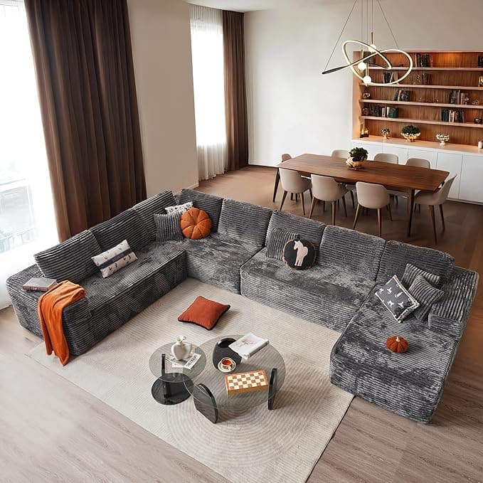 ovios Sectional Cloud Couch for Living Room, Modular Floor Sofa with Plush Corduroy, No Assembly Required, Big Comfy Couches Set with Fluffy Memory Foam, Stupendous U Shaped Sofas with Chaise, Grey - Image 1