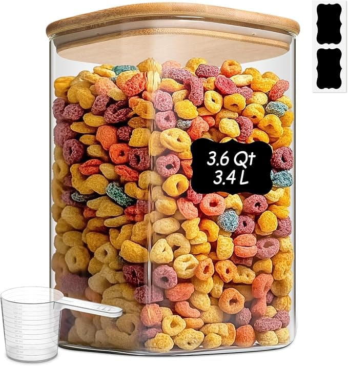 ComSaf 3.6Qt Glass Food Storage Containers, Cereal Storage Containers with Airtight Lids, Large Square Glass Jars with Bamboo Lids, for Rice, Pasta, Oats, Grains, Coffee Beans - Image 1