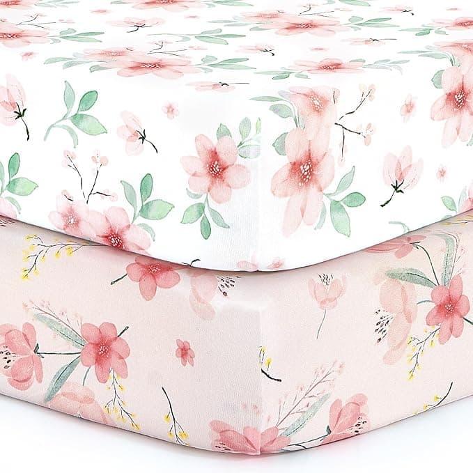 BROLEX Baby Fitted Crib Sheets: Kid Crib Sheets - Set of 2 for Toddler Standard Size Crib Mattress for Boys and Girls - Jersey Knit Crib Bed Sheets Pink Blossom - Image 1