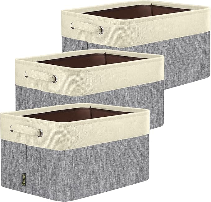 BALEINE 3 Pack Fabric Storage Bins for Shelves, Linen Storage Baskets for Organizing, Decorative Closet Bins for Clothes, Home (Grey, 15"x11"x9.5" - Image 1