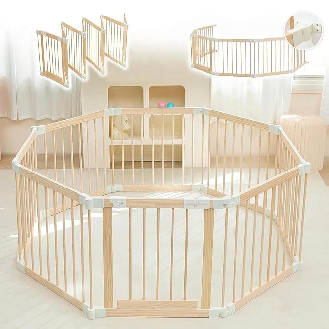 Baby Playpen, Playpen for Babies and Toddlers, Foldable Wooden Play Yard with Gate, Adjustable Baby Activity Center with Child Proof Lock, Fence Play Area for Toddlers 1-3（56 * 56 * 24inches） - Image 1