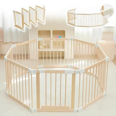 Baby Playpen, Playpen for Babies and Toddlers, Foldable Wooden Play Yard with Gate, Adjustable Baby Activity Center with Child Proof Lock, Fence Play Area for Toddlers 1-3（56 * 56 * 24inches） - Image 1