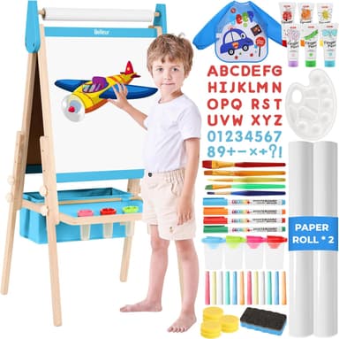 All-in-One Art Easel for Kids, Adjustable Double Sided Wooden Easel for Toddlers with Magnetic Whiteboard & Chalkboard, Paper Roll, Art Supplies, Child Painting Easel for Kid 2-8 Birthday Gift - Image 2