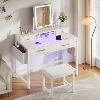 YITAHOME Vanity Desk Set with LED Mirror & Charging Station, 4-Drawer Makeup Table with Light Strip and Stool, Modern Dressing Table - Image 2