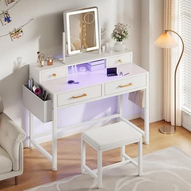 YITAHOME Vanity Desk Set with LED Mirror & Charging Station, 4-Drawer Makeup Table with Light Strip and Stool, Modern Dressing Table - Image 1