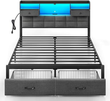 Rolanstar Bed Frame Full Size with Drawers and Charging Station, Upholstered Platform Bed with Storage Headboard and LED Light, Heavy Duty Metal Frame Support, No Box Spring Needed, Noise Free, Grey - Image 2