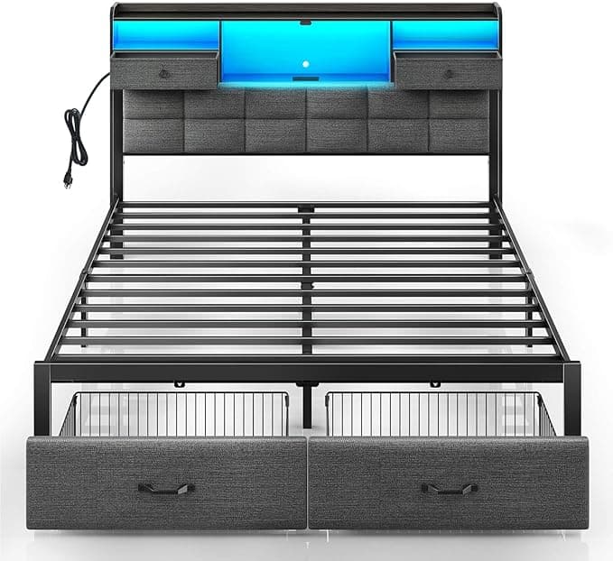 Rolanstar Bed Frame Full Size with Drawers and Charging Station, Upholstered Platform Bed with Storage Headboard and LED Light, Heavy Duty Metal Frame Support, No Box Spring Needed, Noise Free, Grey - Image 1