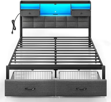 Rolanstar Bed Frame Full Size with Drawers and Charging Station, Upholstered Platform Bed with Storage Headboard and LED Light, Heavy Duty Metal Frame Support, No Box Spring Needed, Noise Free, Grey - Image 1