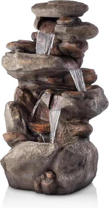 Alpine Corporation WIN316 40" Floor Fountain – 4-Tiered Rock Water Feature with Cascading Streams & White LED Lights – Tranquil Outdoor Décor for Garden, Patio, Yard, Deck, or Porch, Light Gray - Image 1