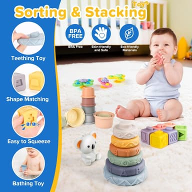 6-in-1 Baby Toys 6 to 12 Months, Montessori Toys for Babies 6-12-18 Months, Infant Teething Toy Stacking Blocks Rings Sensory Bin, Sorting Sensory Educational Learning Gift for Toddlers Aged 1-3 - Image 9