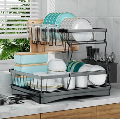 7 code Large Dish Drying Rack for Kitchen Counter, Detachable Large Capacity Dish Drainer Organizer, 2-Tier Dish Racks with Utensil Holder, Black - Image 2