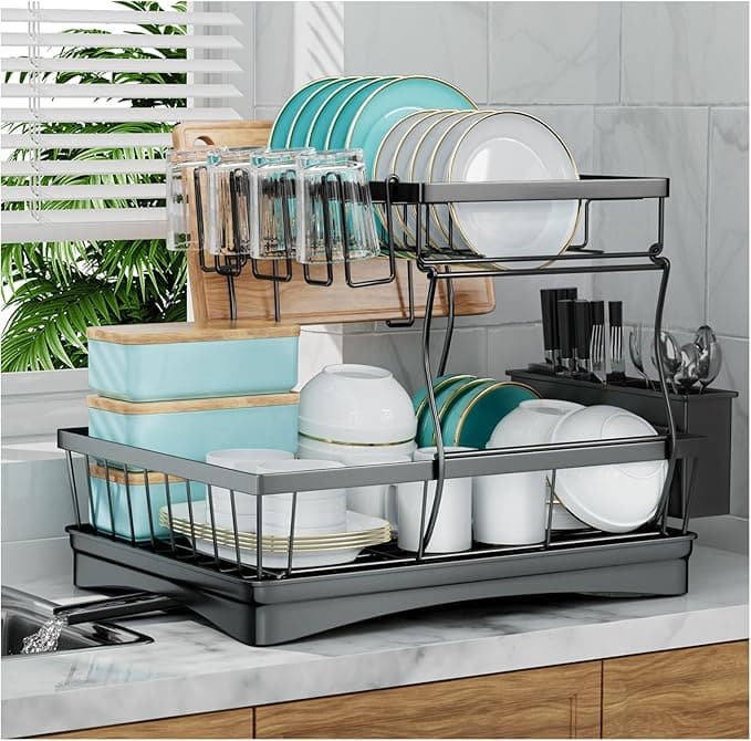 7 code Large Dish Drying Rack for Kitchen Counter, Detachable Large Capacity Dish Drainer Organizer, 2-Tier Dish Racks with Utensil Holder, Black - Image 1