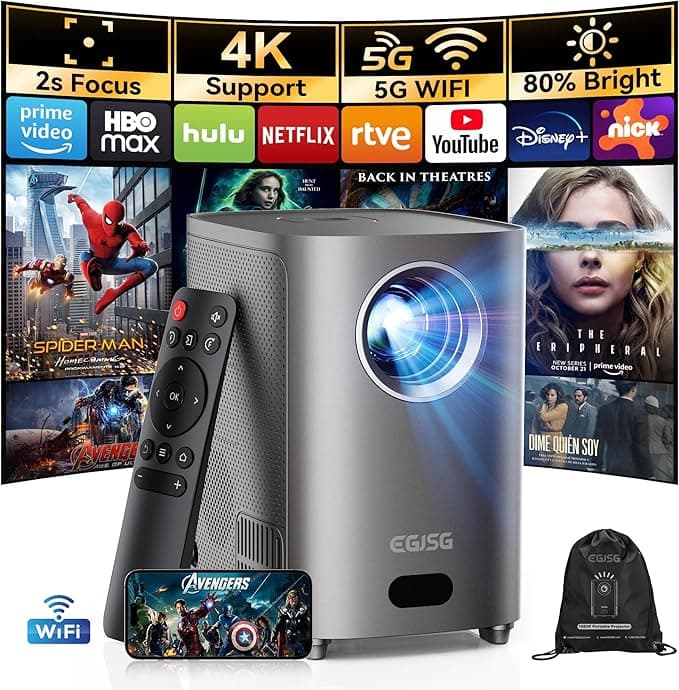 One-Button Focus] Projector with WiFi and Bluetooth, 4K Outdoor Projector with Carry Bag, Portable Movie Projector with Zoom Function, Home Theater Projector for Phone/TV Stick/PC - Image 1