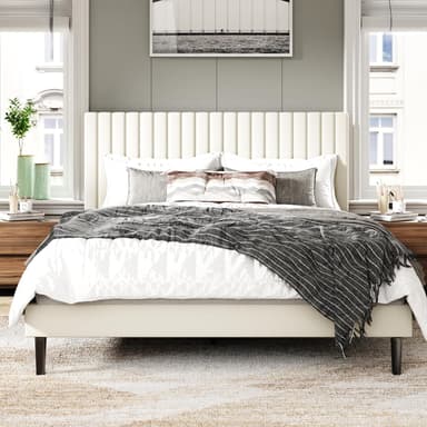 King Size Bed Frame with Velvet Upholstered Headboard, Platform Bed with Strong Wood Slats, Mattress Foundation, Box Spring Optional, Easy Assembly, Beige - Image 2