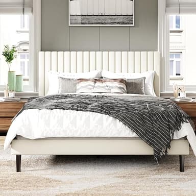 King Size Bed Frame with Velvet Upholstered Headboard, Platform Bed with Strong Wood Slats, Mattress Foundation, Box Spring Optional, Easy Assembly, Beige - Image 1