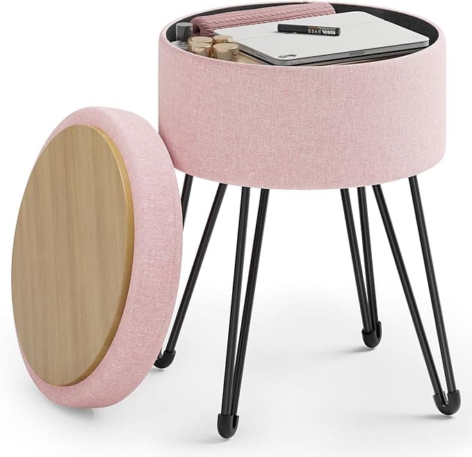 SONGMICS Vanity Stool Chair, Small Ottoman Stool with Storage, Vanity Chair, 15.4 Dia. x 17.4 Inches, 4 Metal Legs, for Makeup Room, for Living Room, Bedroom, Jelly Pink ULOM002R01 - Image 1
