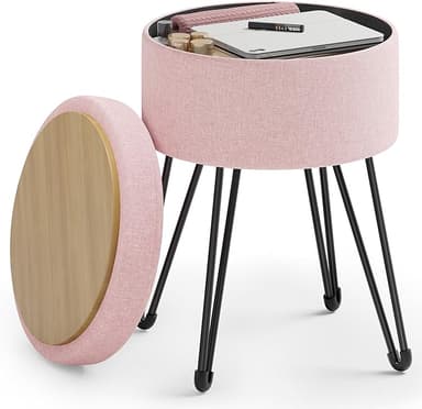 SONGMICS Vanity Stool Chair, Small Ottoman Stool with Storage, Vanity Chair, 15.4 Dia. x 17.4 Inches, 4 Metal Legs, for Makeup Room, for Living Room, Bedroom, Jelly Pink ULOM002R01 - Image 1