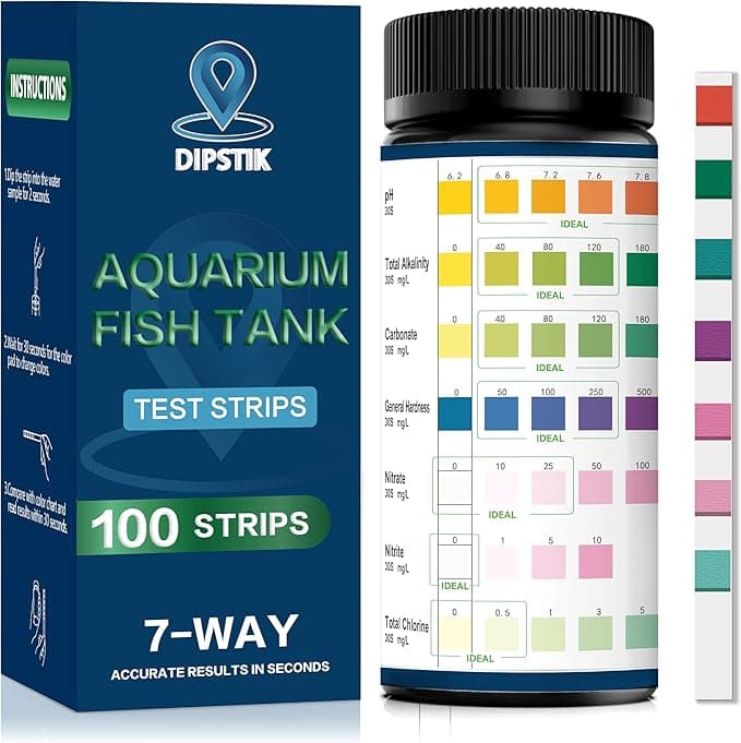 Aquarium Test Strips, 7-Way Freshwater Saltwater Fish Tank Pond Test Kit, 100 Strips, Nitrate, Nitrite, Chlorine, Hardness, Alkalinity, Carbonate, pH - Image 1