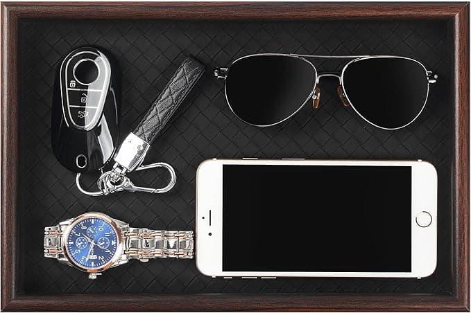 Zosenley Wooden Valet Tray with Leather Base - Nightstand Catchall Organizer for Cologne, Perfume, Keys, Wallet, Phone, Watch, Jewelry & Sunglasses (Black - Image 1