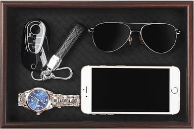 Zosenley Wooden Valet Tray with Leather Base - Nightstand Catchall Organizer for Cologne, Perfume, Keys, Wallet, Phone, Watch, Jewelry & Sunglasses (Black - Image 1