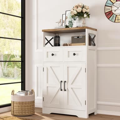 Farmhouse White Storage Cabinet with Doors and Drawers, Freestanding Kitchen Pantry Cabinet, Floor Storage Cabinet Hutch Cupboard for Kitchen/Laundry/Living Room/Bedroom - Image 2