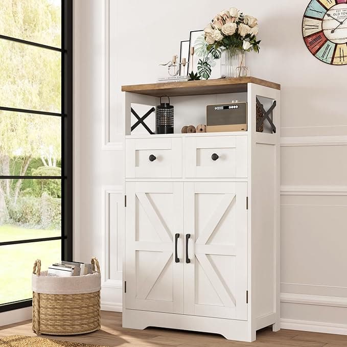 Farmhouse White Storage Cabinet with Doors and Drawers, Freestanding Kitchen Pantry Cabinet, Floor Storage Cabinet Hutch Cupboard for Kitchen/Laundry/Living Room/Bedroom - Image 1