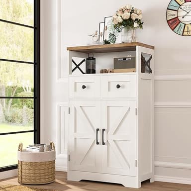 Farmhouse White Storage Cabinet with Doors and Drawers, Freestanding Kitchen Pantry Cabinet, Floor Storage Cabinet Hutch Cupboard for Kitchen/Laundry/Living Room/Bedroom - Image 1