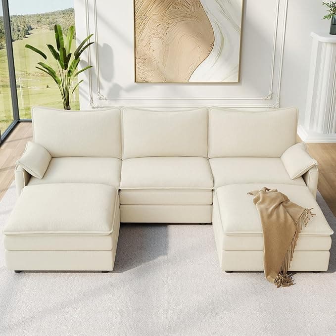 Vesgantti 108" U Shaped Sectional Couch, Comfy Cloud Modular Sectional Sofa with 2 Ottoman Deep Seat Chenille Modern Cloud Sofa, Modular Sofas for Living Room, Bedroom and Apartment, Beige - Image 1