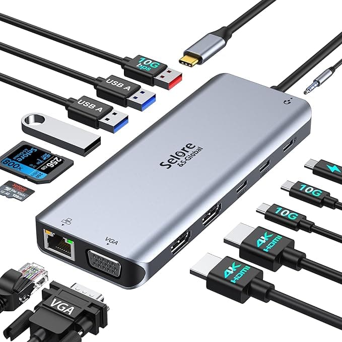 Selore USB C Docking Station Dual Monitor,LaptopDocking Station,14 in 1 Docking Station 3 Monitors with 2 HDMI,VGA,10G USB A/C,100W PD,6 USB A/C Ports,USB C Hub Multiport Adapter for Windows Laptop - Image 1