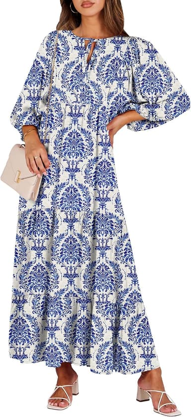 ANRABESS Womens Boho Maxi Dresses 2026 Summer V Neck Puff Sleeve Floral Flowy Swing Fall Casual Long Dress - Image 2