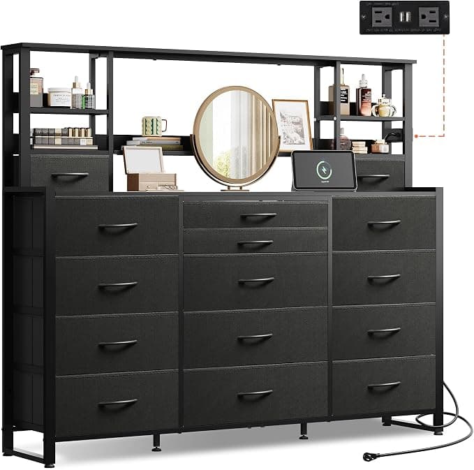WLIVE Storage Organizer Unit with 15 Fabric Drawer & 5 Open Shelves, Tall Black Storage Drawers Organizer with Charging Station, Storage Tower Organizaton for Living Room, Hallway, Office - Image 1