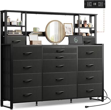 WLIVE Storage Organizer Unit with 15 Fabric Drawer & 5 Open Shelves, Tall Black Storage Drawers Organizer with Charging Station, Storage Tower Organizaton for Living Room, Hallway, Office - Image 1