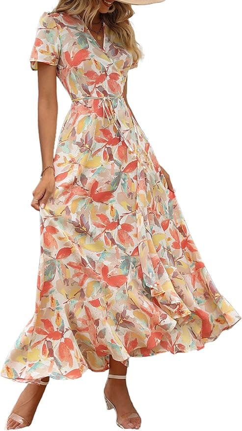 PRETTYGARDEN Women's Boho Floral Maxi Dress Summer Short Sleeve Wrap V Neck Long Flowy Beach Vacation Wedding Guest Dresses - Image 1