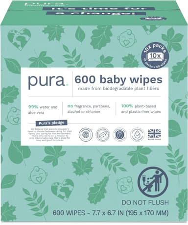 Pura Natural Sensitive Baby Wipes, 99% Water, Unscented & Hypoallergenic, Suitable for Sensitive & Eczema-prone Skin, Hypoallergenic, EWG Verified, 10 Pack of 60 Wet Wipes (600 Diaper Wipes) Bulk Buy - Image 2
