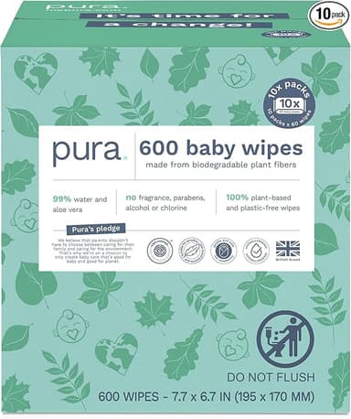 Pura Natural Sensitive Baby Wipes, 99% Water, Unscented & Hypoallergenic, Suitable for Sensitive & Eczema-prone Skin, Hypoallergenic, EWG Verified, 10 Pack of 60 Wet Wipes (600 Diaper Wipes) Bulk Buy - Image 1