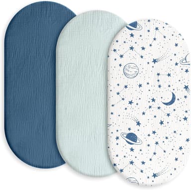 Gllquen Baby Muslin Bassinet Sheets 3 Pack, Breathable Elastic Cozy Fitted Cotton Bassinet Mattress Sheet for Baby Boy Girls, Fit for Hourglass Oval Rectangular Cradle Pad Sheets 33"x17" (Blue - Image 2