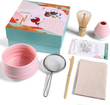 Ceremony Matcha Kit - Traditional Bamboo Matcha Whisk (Chasen) Scoop (Chashaku) Chawan Bowl with Pouring Spout Whisk Holder Sifter Tea Tray- The Perfect Matcha Set (Set of 6, Pink - Image 2
